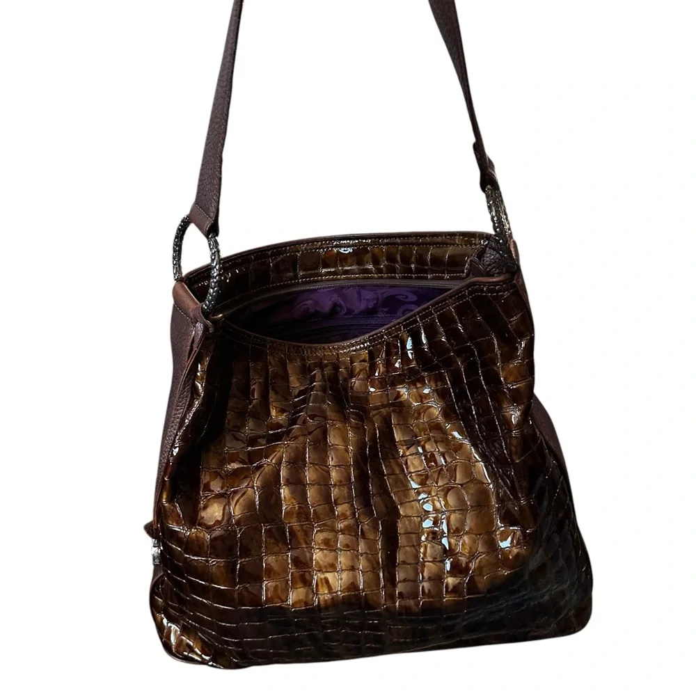 Brighton Bronze Patent Leather Croc Embossed Purse Shoulde Bag Hobo Tote
